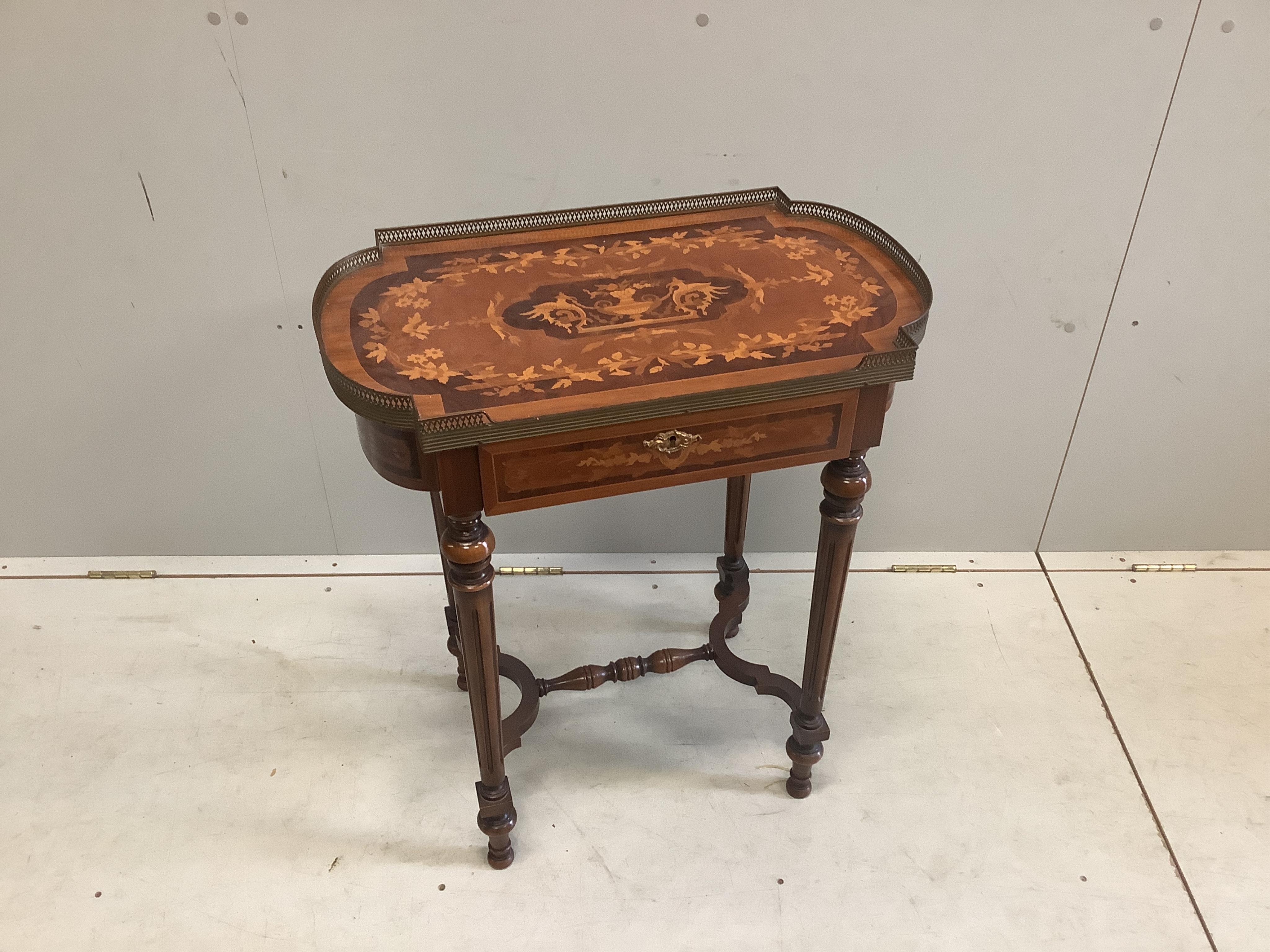 An early 20th century French marquetry inlaid three tier etagere, width 45cm, depth 26cm, height 81cm together with a reproduction marquetry inlaid kingwood side table. Condition - fair